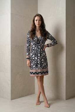 ECI New York Women's Black and White Floral Long Sleeve V-Neck Dress with Beaded